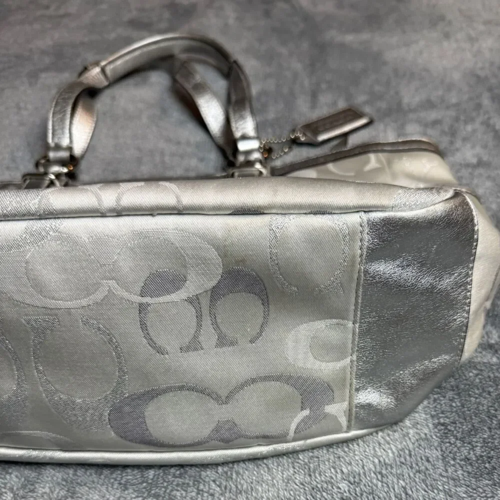 Coach Silver Metallic Signature Jacquard Tote Shoulder Bag Pink
